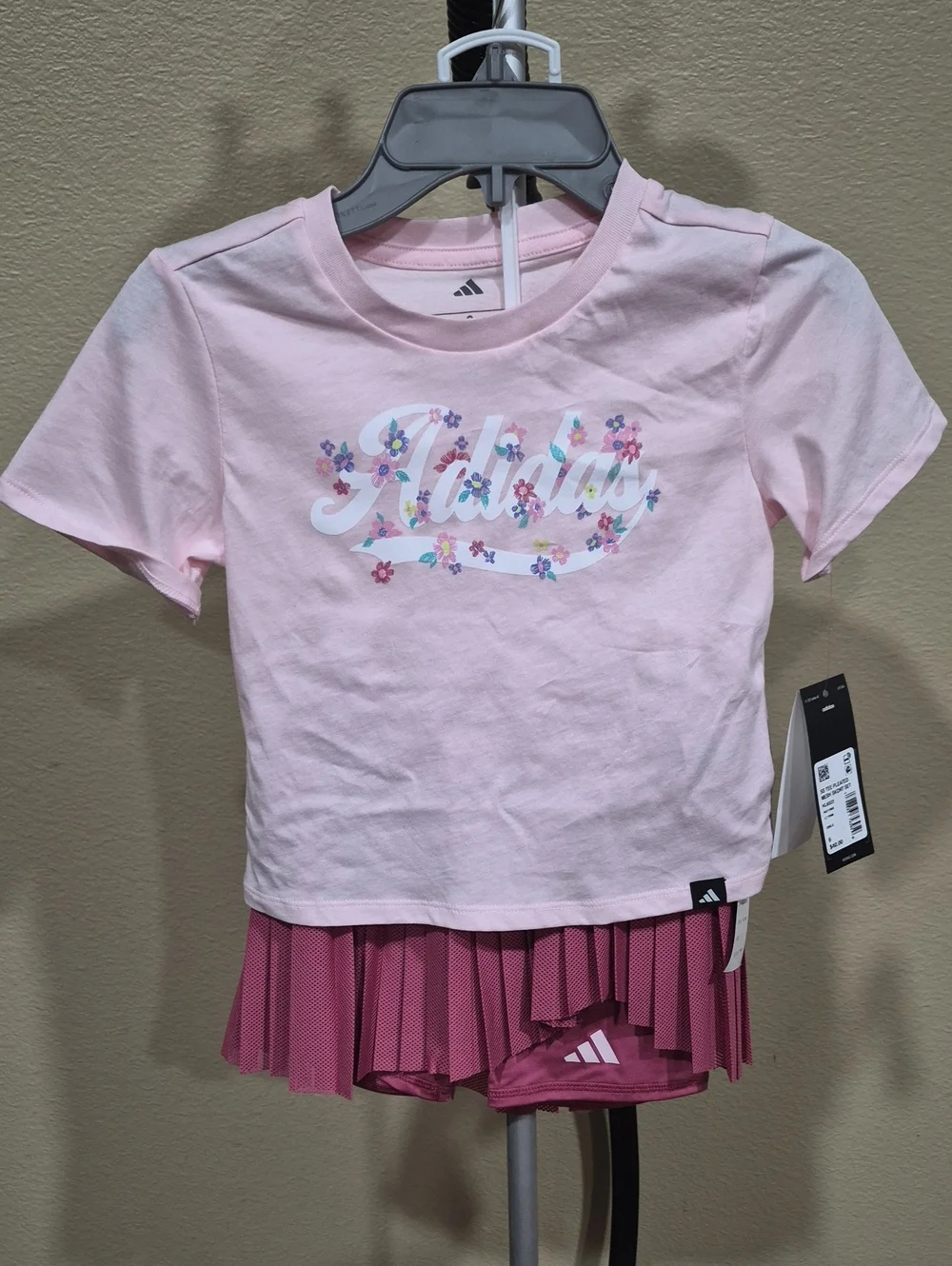 Adidas Girl's SS Tee Pleated Mesh Skort Set Light Pink Size 6